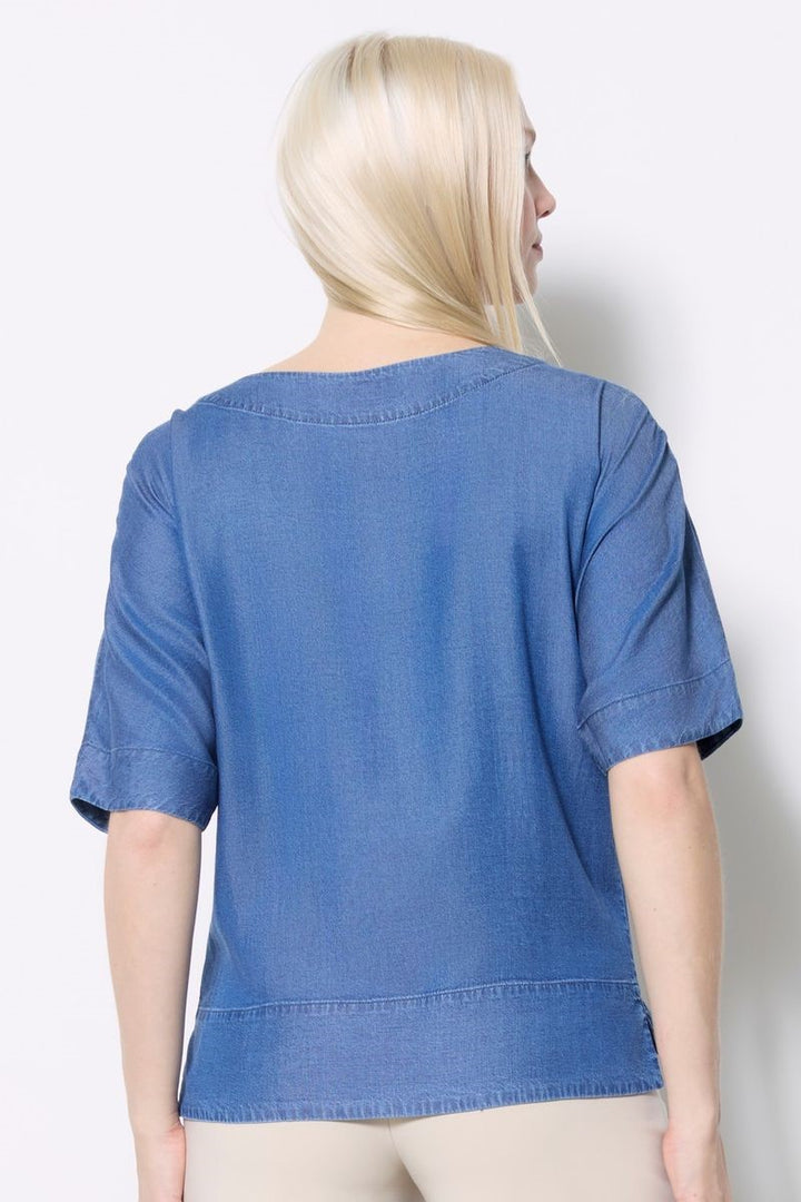 Back view of the Tencel Top in Blue Wash by Ivy Vibe, showcasing its lightweight, breathable fabric and elegant draping for a comfortable, stylish fit