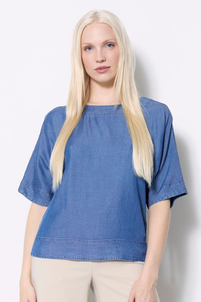 Front view of the Tencel Top in Blue Wash by Ivy Vibe, featuring a lightweight, breathable fit with elegant draping for a stylish and comfortable look.