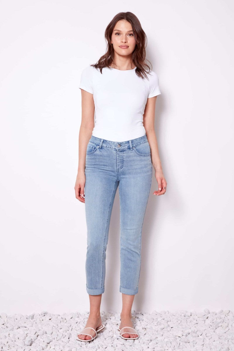 Front view of the Updated Cropped Denim Pant in light blue from Ivy Vibe Boutique, featuring a modern cropped fit and classic denim style