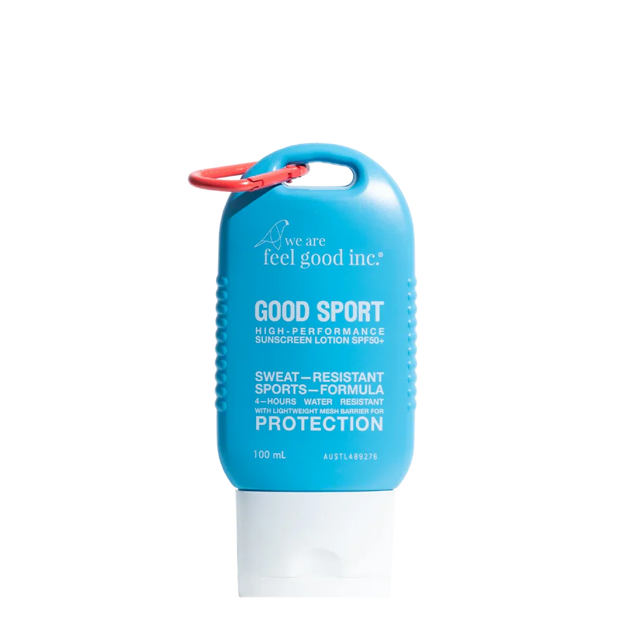 We are feel good inc good sport sunscreen 100ml. It is in a blue container with a clip for convenience. water proof and sweat resistant.