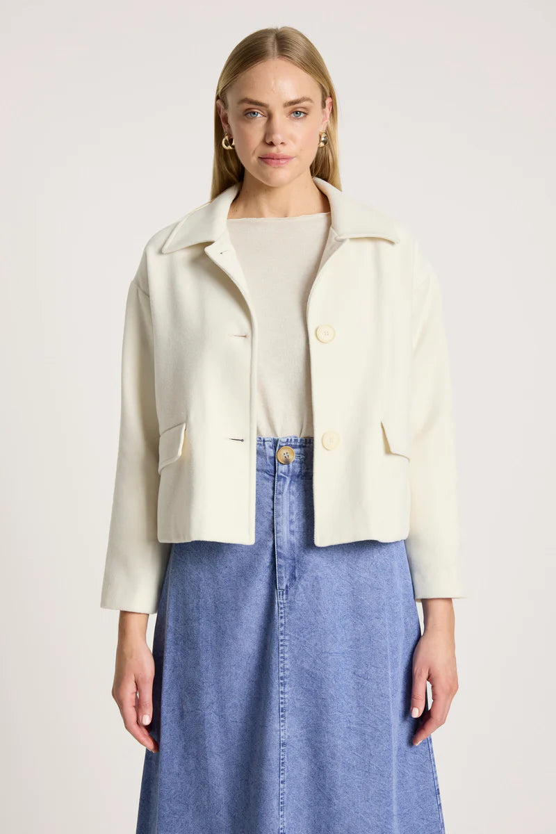 woman wearing Wanderer Crop Jacket in Ecru