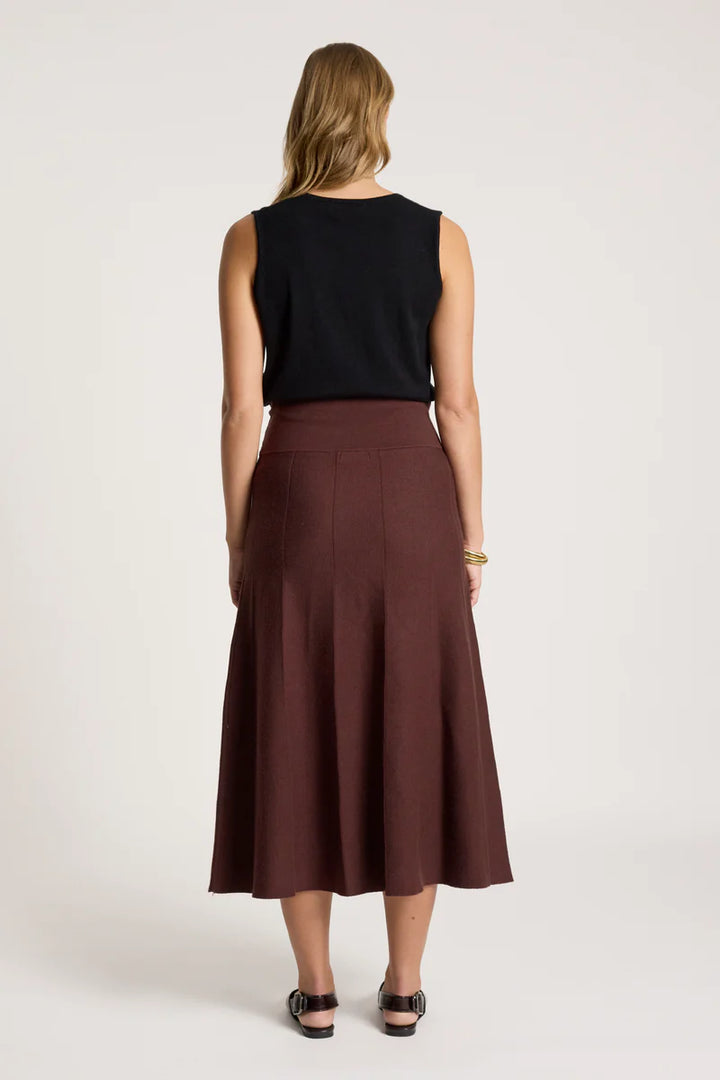 woman wearing Zala Knit Skirt in Mahogany