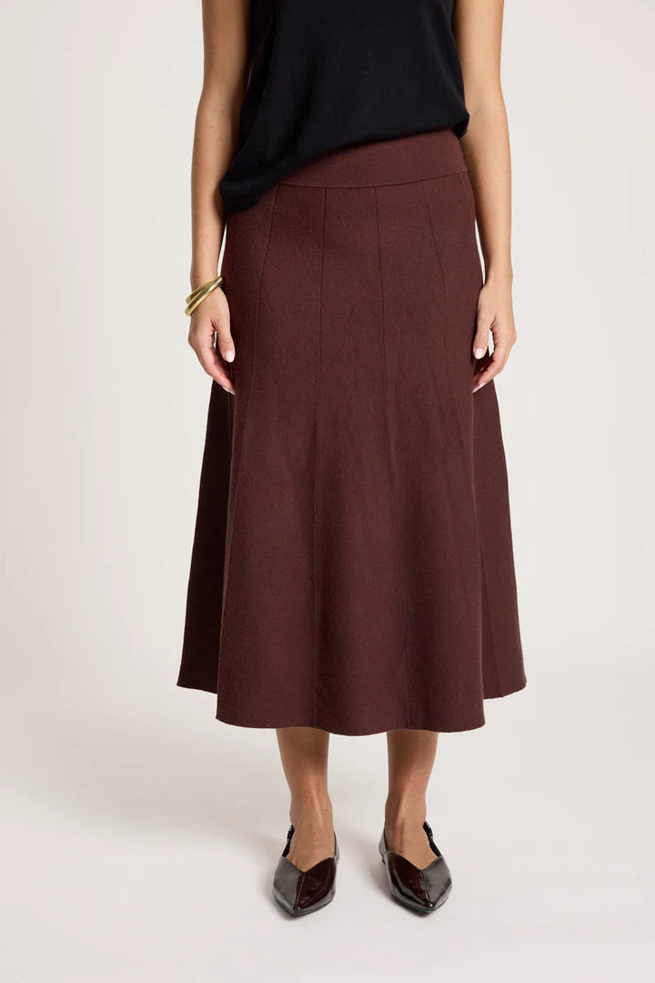 woman wearing Zala Knit Skirt in Mahogany