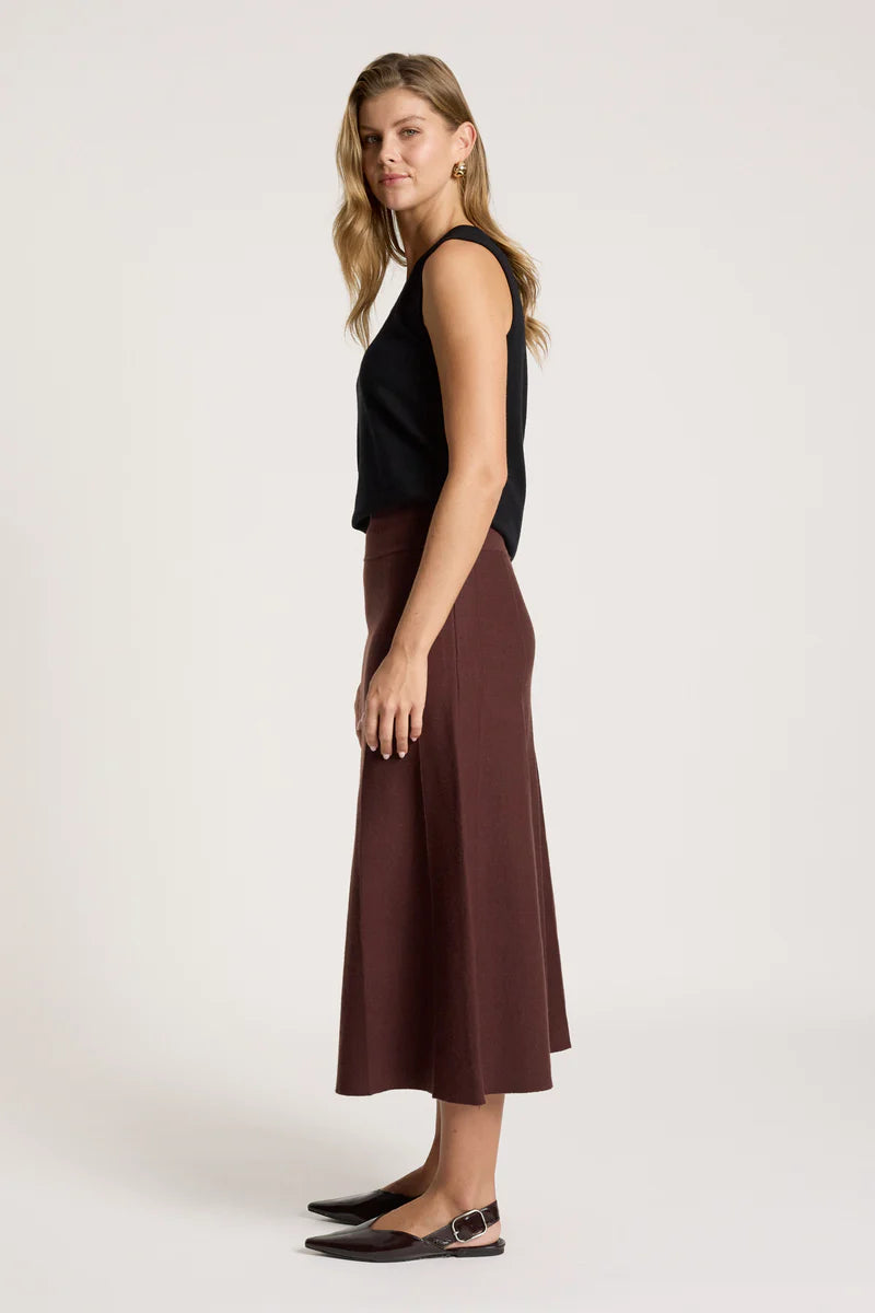 woman wearing Zala Knit Skirt in Mahogany