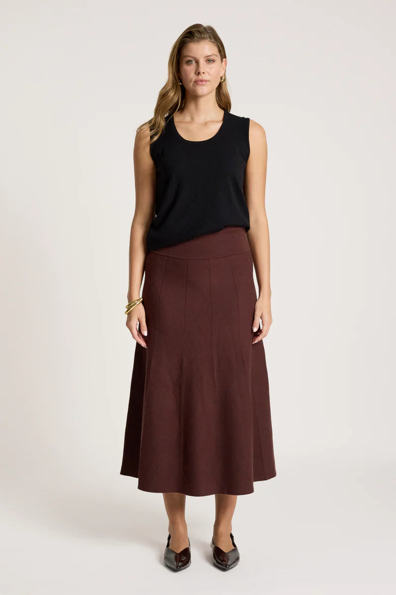 woman wearing Zala Knit Skirt in Mahogany