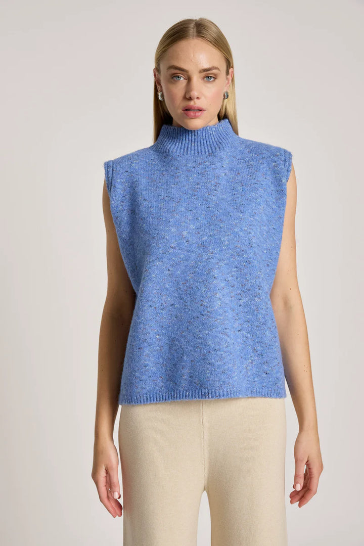woman wearing Zarda Knit Vest in Lake