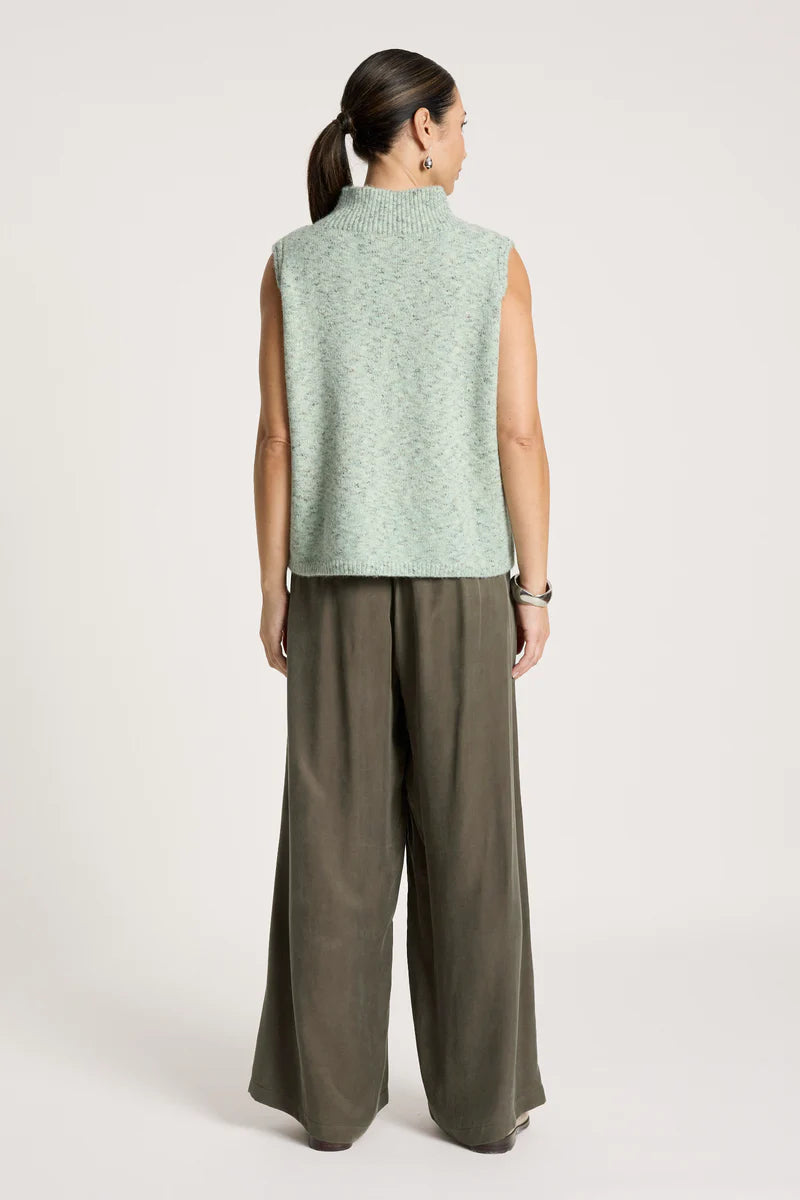woman wearing Zarda Knit Vest in Sage
