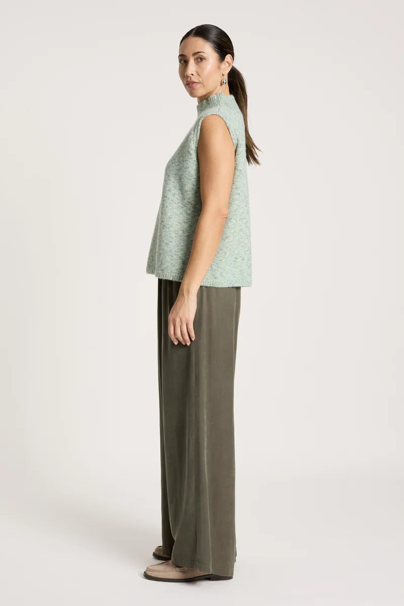 woman wearing Zarda Knit Vest in Sage