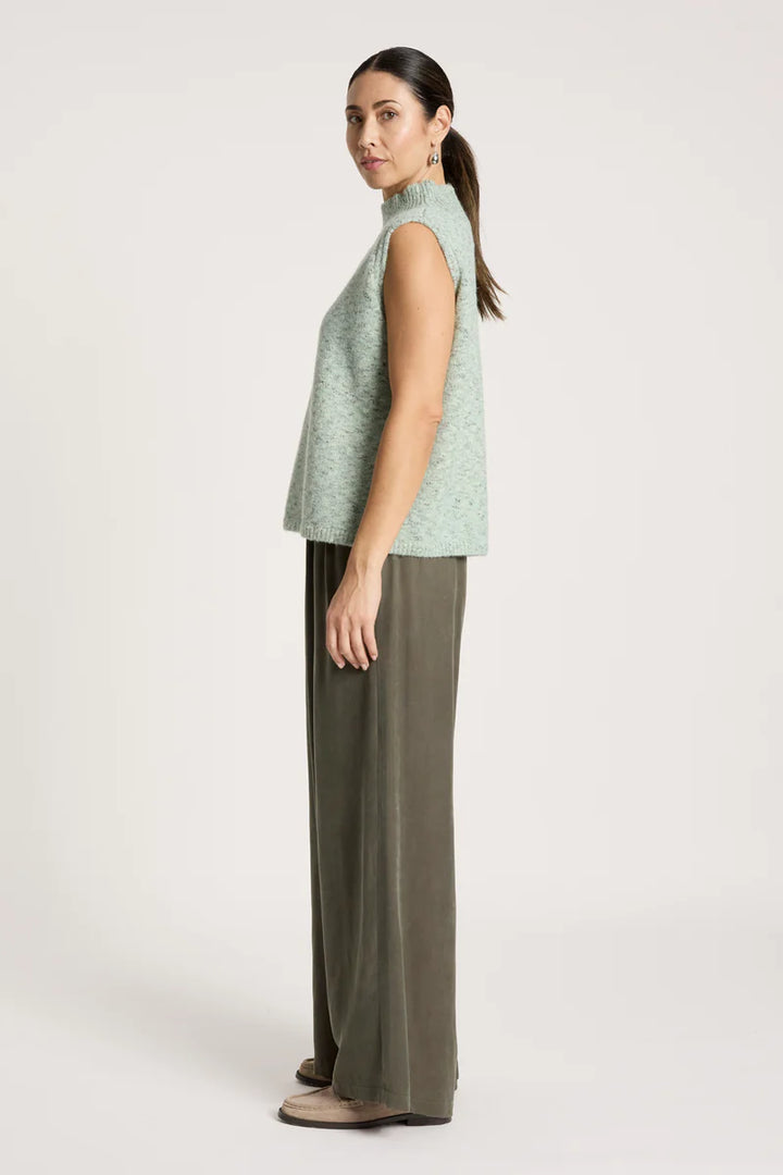 woman wearing Zarda Knit Vest in Sage