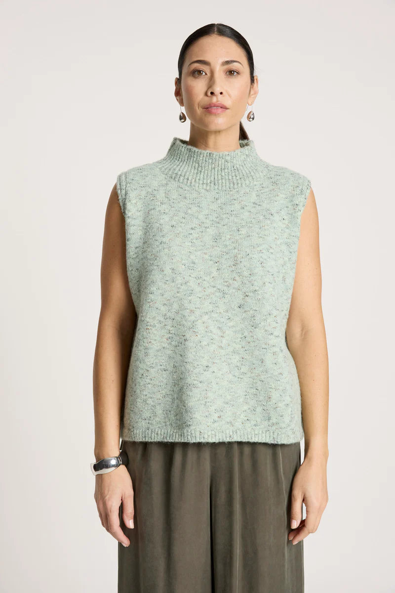 woman wearing Zarda Knit Vest in Sage