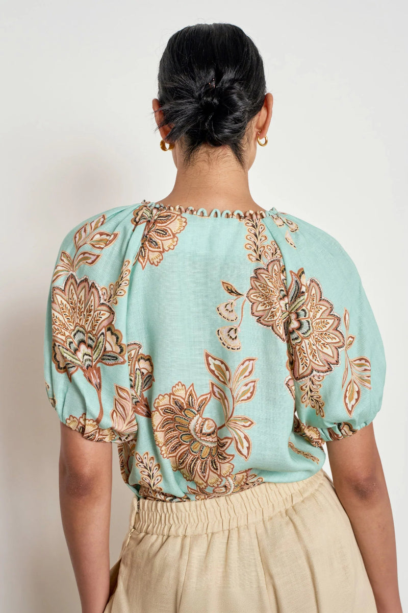 Rear view of a woman wearing a light aqua blue blouse with a brown and beige floral pattern and puff sleeves, paired with a beige skirt, against a plain off-white background.