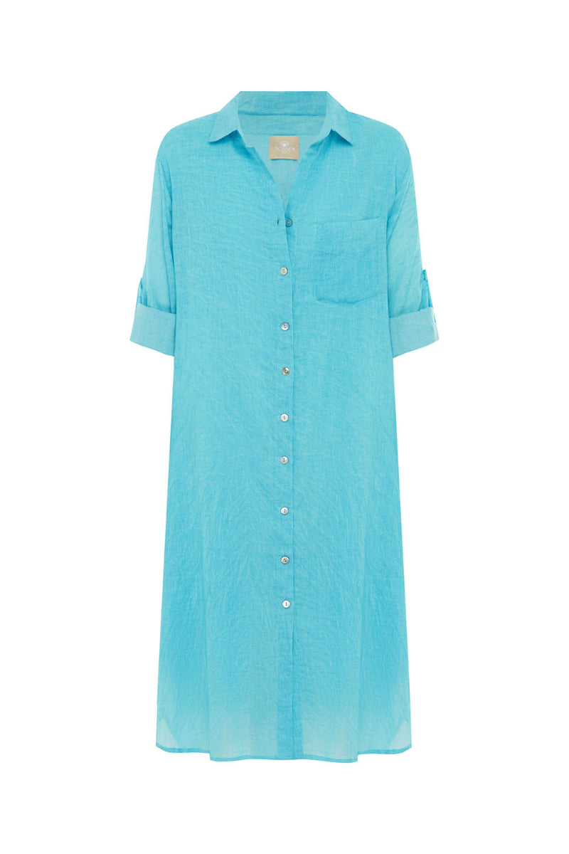 Turquoise button-up dress on a white background