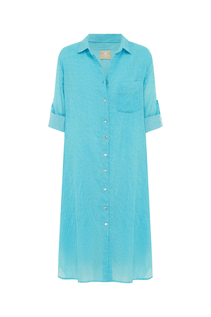Turquoise button-up dress on a white background