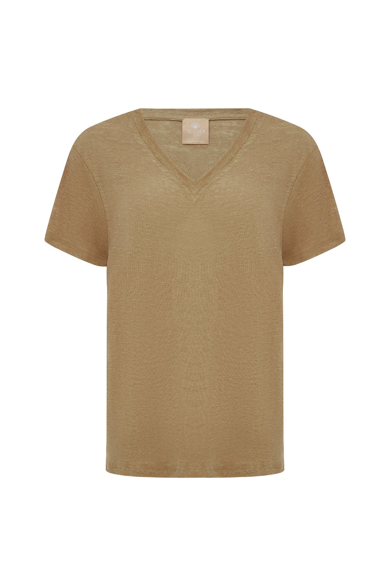 A short-sleeve V-neck knit top in a warm tan or camel color, displayed against a solid white background.