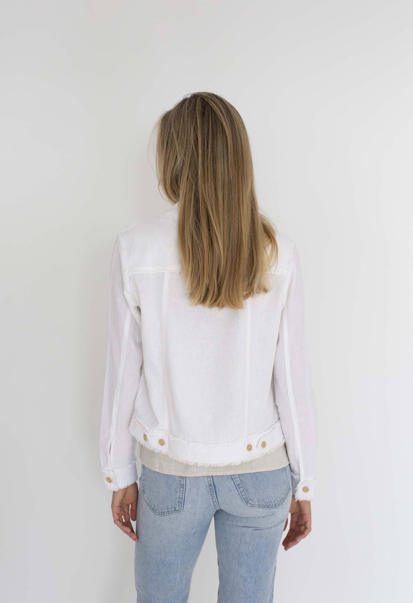 White Linen Viscose Jacket with Fringe detailing front view 