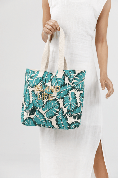 island life print tote with gold embroidery 