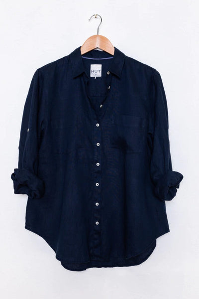 linen boyfriend shirt - navy SHIRT HUT 